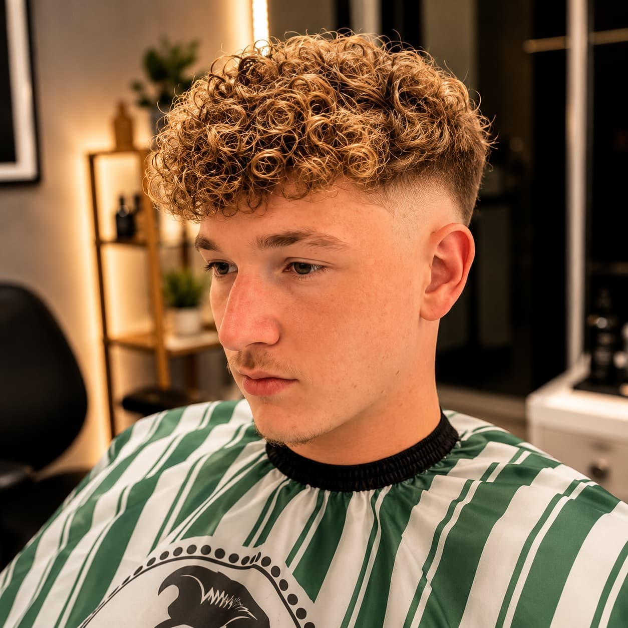 Young man with a fresh curly-top skin fade at Mana Fade Barber Studio in Hobart